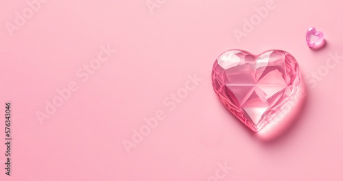 Crystal heart on a purple pink background with copy space, banner, flat lay, top view. Generative AI
