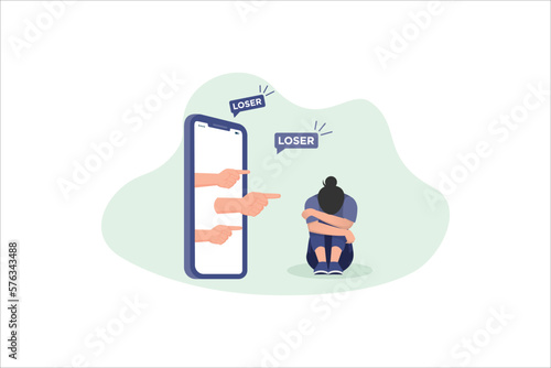 Cyber Bullying. Sad teenage girl sitting in front of phone with dislike in social media, mockery. Depressed young woman after insult, swear, verbal abuse in internet. Depression, stress concept
