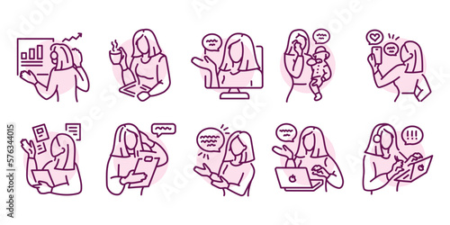 Businesswoman color line icons set. Female entrepreneur, influencer, worker, mother.