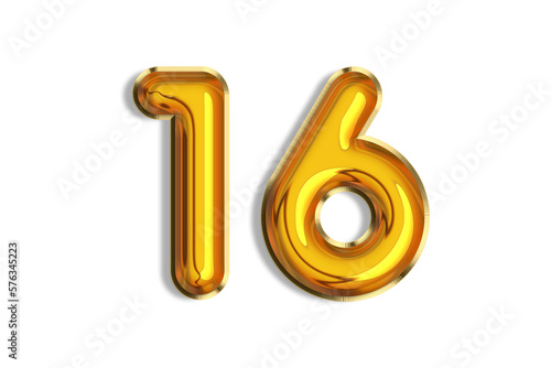 16 years old. Gold balloons, 16th anniversary number, happy birthday congratulations. Illustration of golden realistic 3d symbols. Banner, icons isolated on white background.