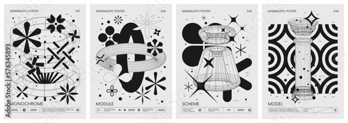 Futuristic retro vector minimalistic Posters with strange wireframes graphic assets of geometrical shapes modern design inspired by brutalism and silhouette basic figures, set 11 photo