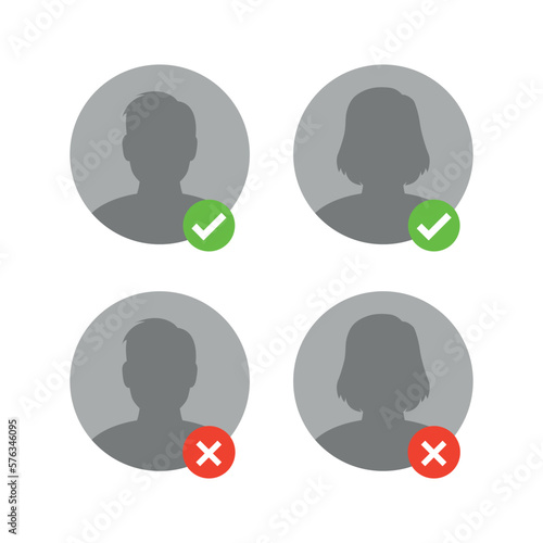 User account confirmation approved and disapproved isolated on white background. Person profile avatar. Human silhouette avatar. Vector stock