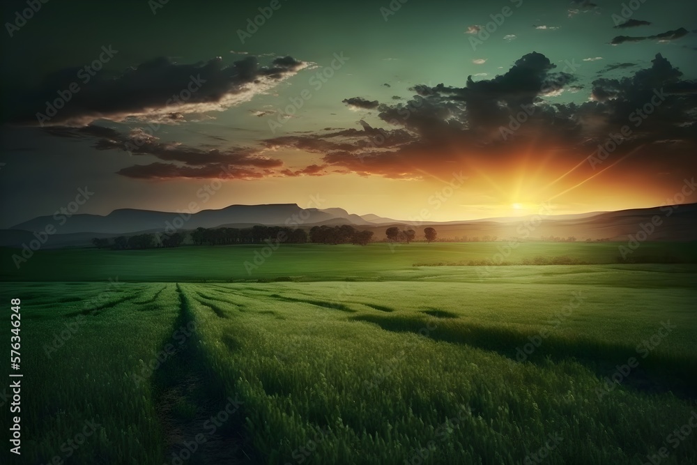 Wallpaper Illustration and background of beautiful nature landscape of green fields. Concept of landscape for inspiration. Generative AI. Wallpaper Illustration and background of beautiful nature landscape of green fields. Concept of landscape for inspiration. Generative AI.
