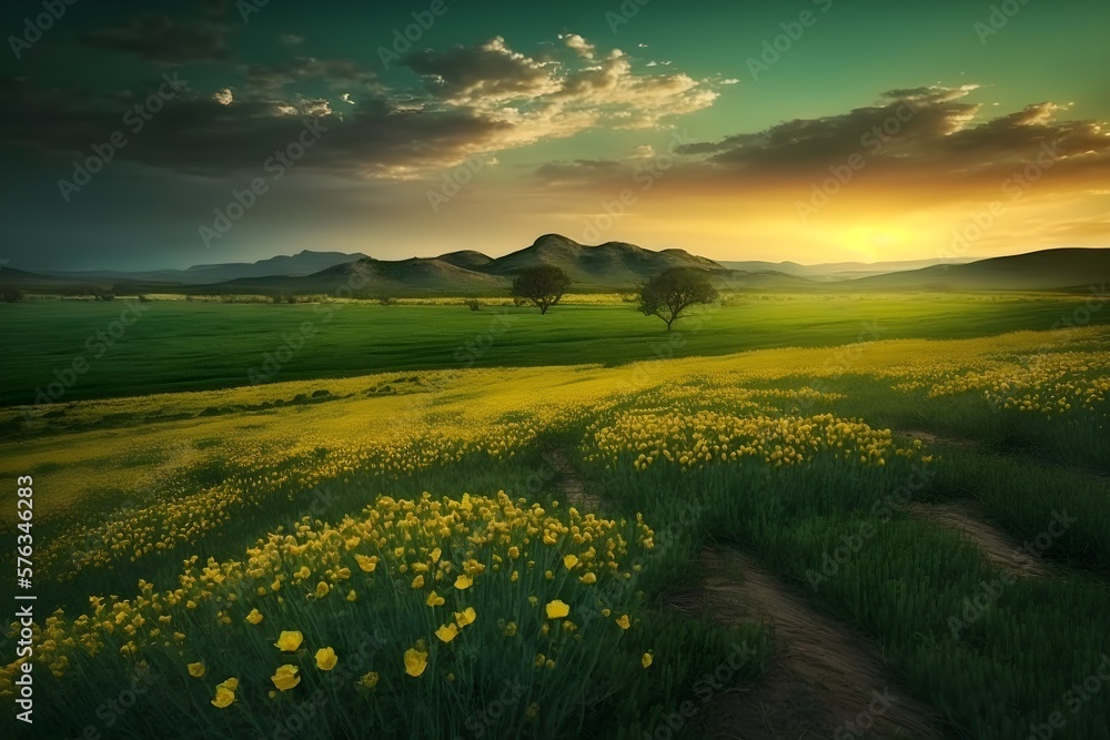 Wallpaper Illustration and background of beautiful nature landscape of green fields. Concept of landscape for inspiration. Generative AI.