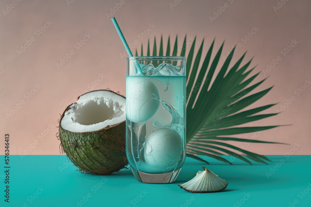 3d glass of coconut water illustration with a pastel backdrop made by generative ai 3d glass of coconut water illustration with a pastel backdrop made by generative ai