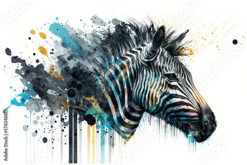 A realistic watercolor splash portrait of a zebra's head. painter's illustration. Generative AI © 2rogan