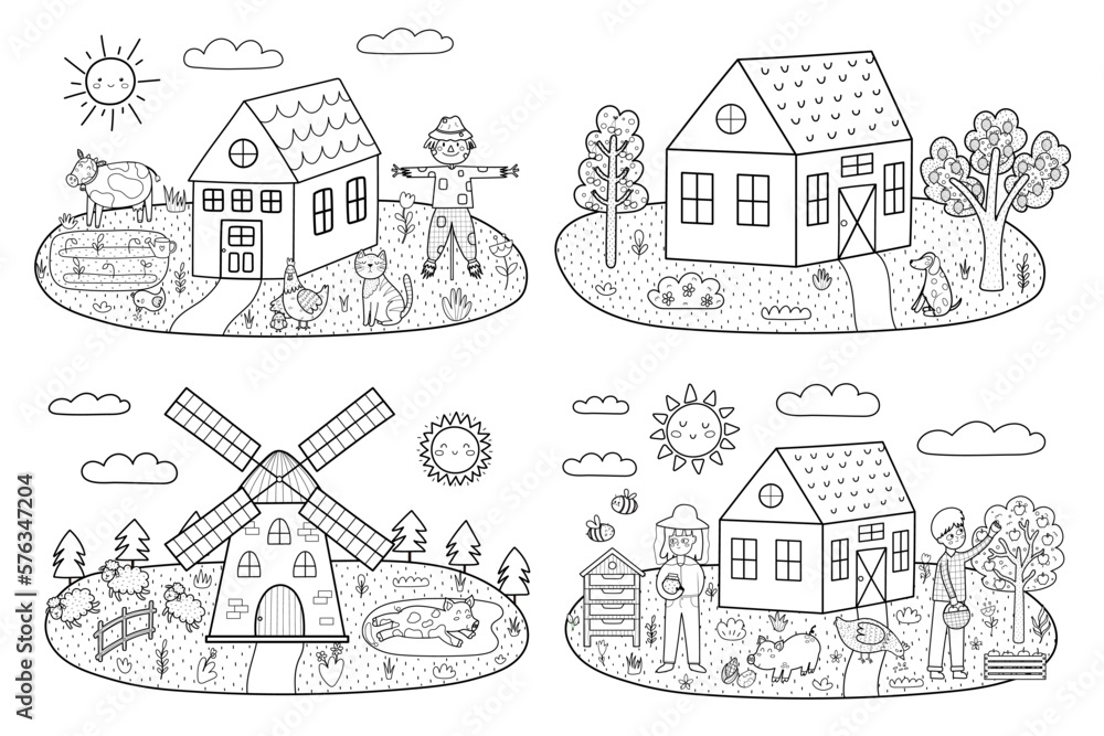 Black and white farm landscapes set in cartoon style with farmhouses, animals and trees. Summer green meadow prints collection for coloring book. Outdoor garden background. Vector illustration