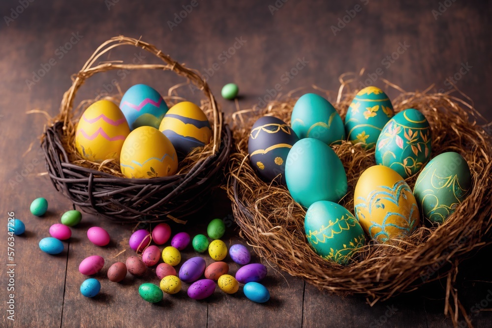 painted easter eggs in wicker basket and straw nest, generative art painted easter eggs in wicker basket and straw nest, generative art