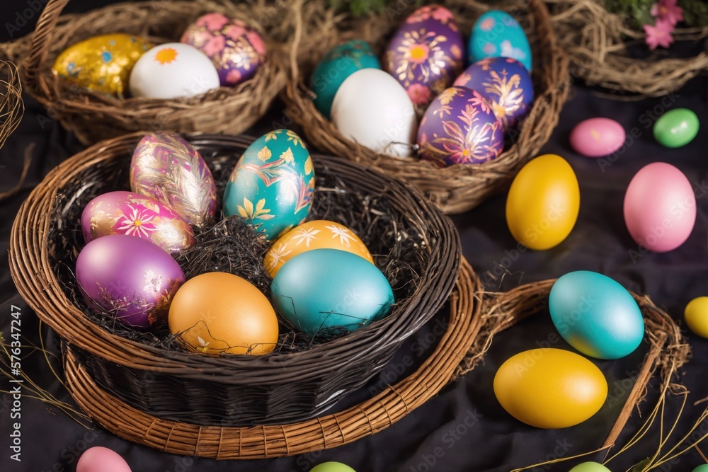 painted easter eggs in three wicker baskets, generative art painted easter eggs in three wicker baskets, generative art