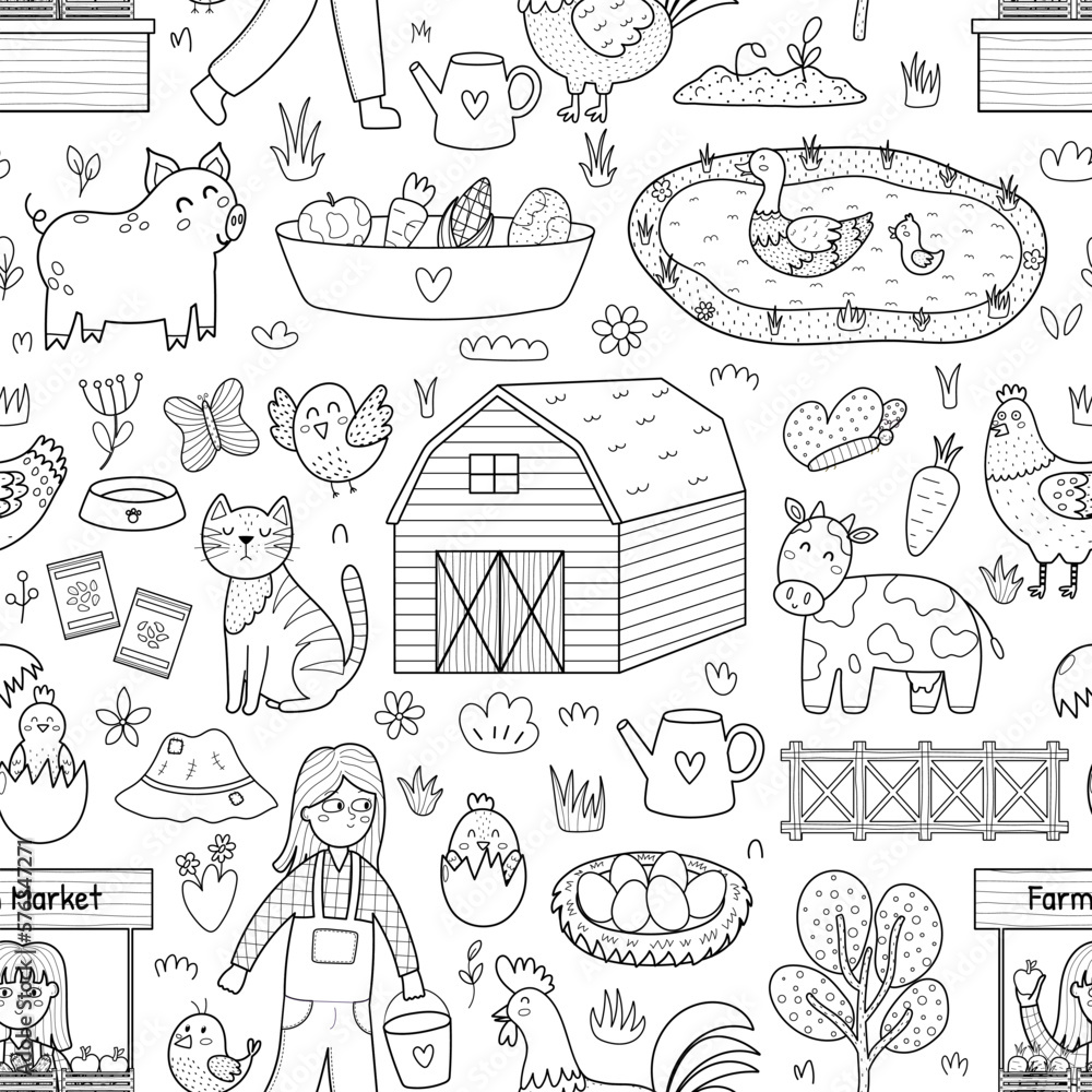 Black and white farm seamless pattern with cute characters. Countryside