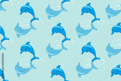 Seamless pattern with dolphin on style black background. Wallpaper and bed linen print.
