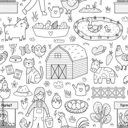 Black and white farm seamless pattern with cute characters. Countryside background in cartoon style for coloring page with cow, ducks, pig, rooster. Vector illustration