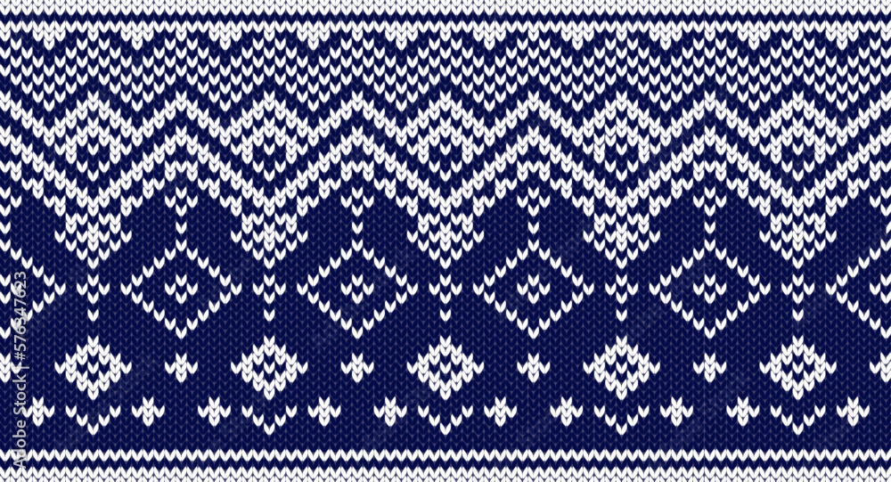 Blue and white knitting pattern, Festive Sweater Design. Seamless Knitted Pattern Blue and white knitting pattern, Festive Sweater Design. Seamless Knitted Pattern