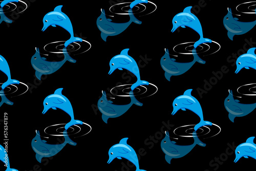 Seamless pattern with dolphin on style black background. Wallpaper and bed linen print.