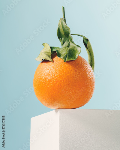 orange with leaves over a white cube witha blue background