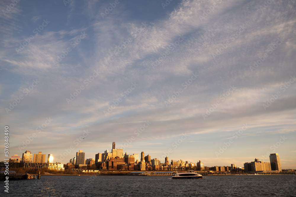 View of Brooklyn Island from Manhattan in a sunny sunset evening