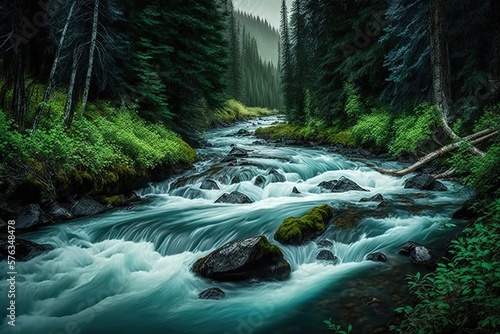 Mountain river flowing in a deep green forrest. Long exposere, water flow in motion. Creek in deep Alaska like forrest  photo