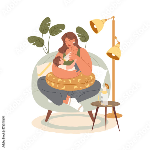 Baby with bottle and feeding mother image.Milk eat