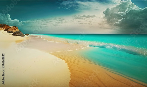  a painting of a sandy beach with blue water and clouds.  generative ai