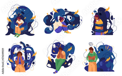 Set of people afraid or having phobia. Vector illustrations.