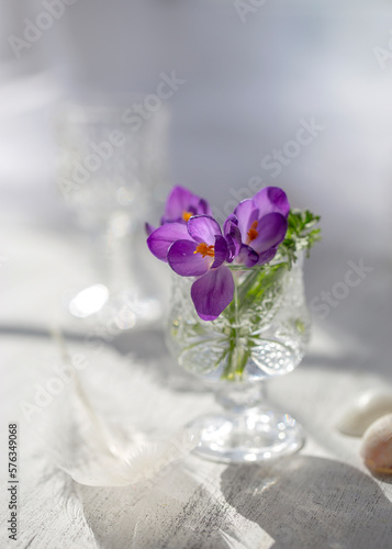 Still life with spring crocuses in a glass on a windowsill on a sunny day