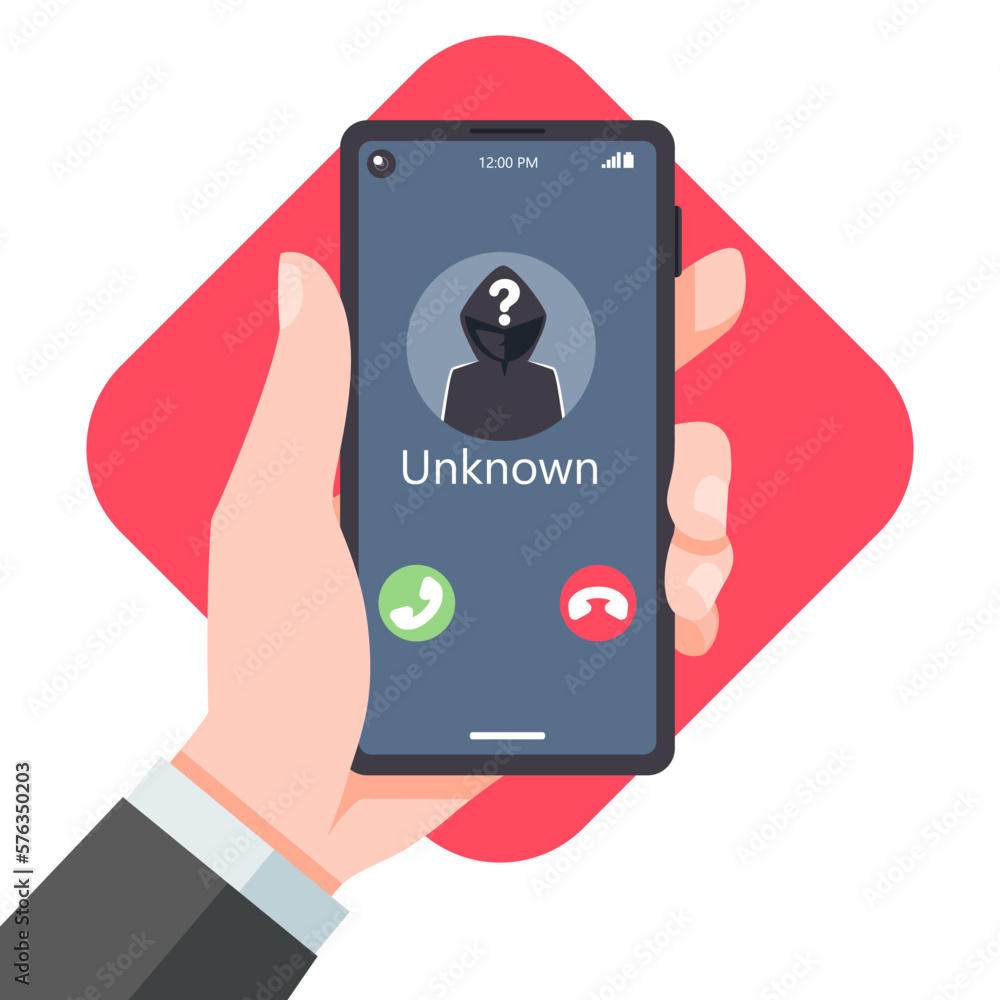 Vecteur Stock Hand businessman Holding smartphone call from unknown or  stranger number. Scam, Prank, Fraud, and phishing on a mobile phone. Vector  illustration flat design. | Adobe Stock