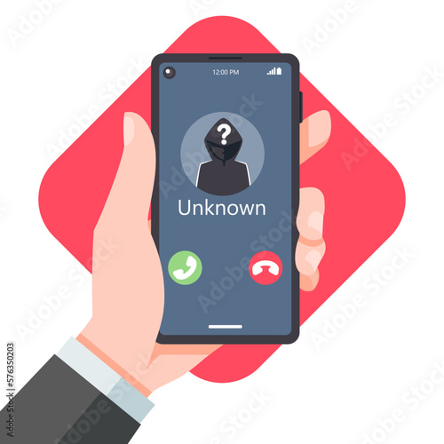 Hand businessman Holding smartphone call from unknown or stranger number. Scam, Prank, Fraud, and phishing on a mobile phone. Vector illustration flat design.
