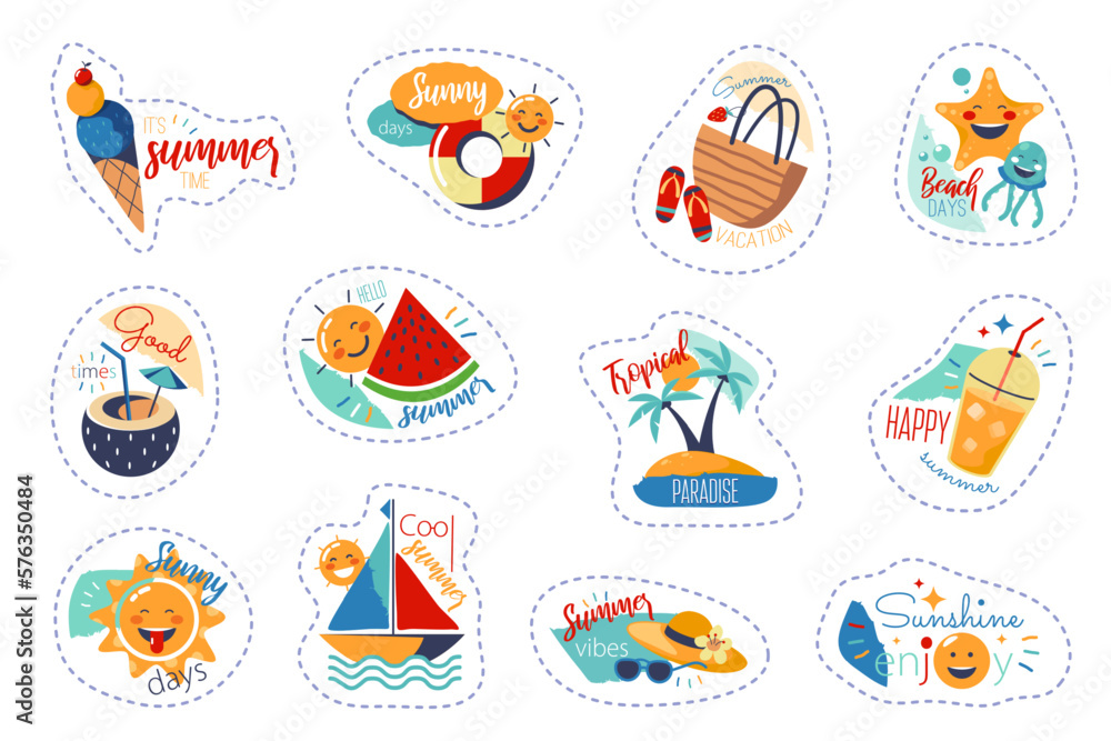Set of isolated vector summer stickers. Beach icons.