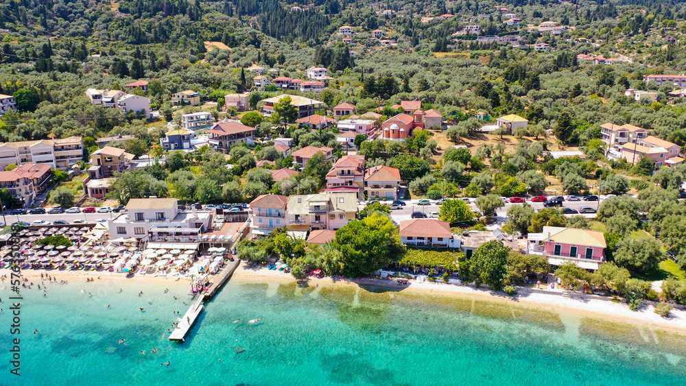Coast of Lefkada island on sunny summer day. Nikiana, Greece. Aerial view.
