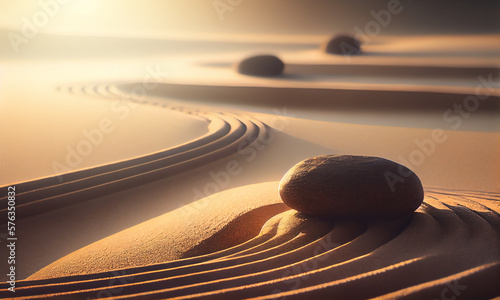 Zen stones with lines on sand. Generative AI.