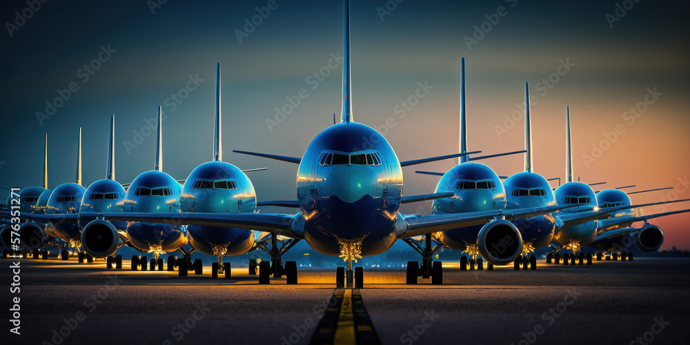 Fototapeta premium many commercial aircraft in a row parked in airport. generative ai