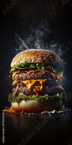 delicious burger on black bacground. generative ai