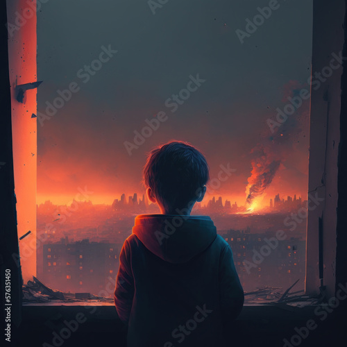 child watching war destruction and ruins through the house window. generative ai