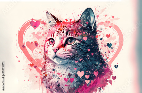 Amazing Abstract artwork of the single cat sitting in the lovely background full of pink hearts. Love and relationship Concept