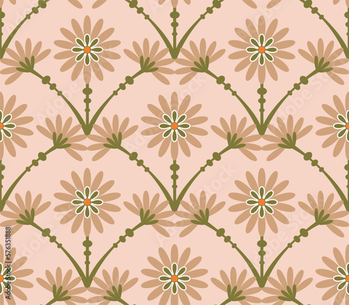 Abstract Tile Style Art Deco Flowers Seamless Pattern Vector Design Trendy Fashion Colors Perfect for Allover Fabric Print or Wrapping Paper