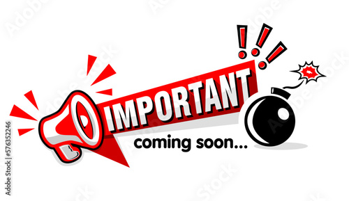 Attention, important message on red ribbon with  megaphone and bomb. Vector temlate on transparent background