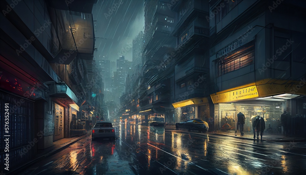 Obraz premium Raining cyberpunk street generative ai