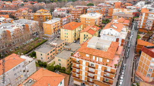 Aerial view of buildings for residential use in the town of Genzano di Roma, a small town located in the Metropolitan City of Rome, Italy. The city is part of the Castelli Romani area.