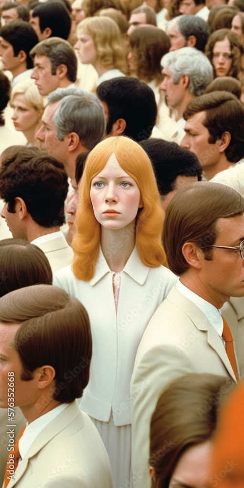 A mass of people, a huge crowd and a close up view of a young beautiful girl who stands out, stand out from the crowd, be different and respect differences. Generative AI. A mass of people, a huge crowd and a close up view of a young beautiful girl who stands out, stand out from the crowd, be different and respect differences. Generative AI.