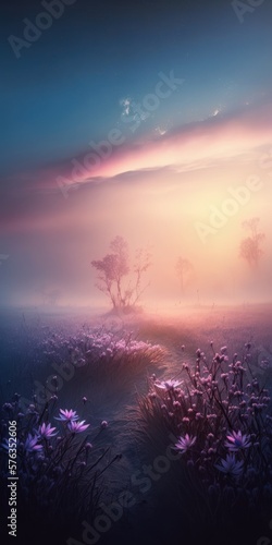 Landscape of a spring morning in a high mountain  above a lake with fresh  meadow  spring  purple flowers. Fog and morning dew. Generative AI.