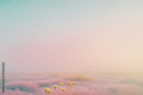 Landscape of a spring morning in a meadow. Soft pastel background. Field, spring, yellow flowers. Fog and morning dew. Generative AI. © Uncanny Valley