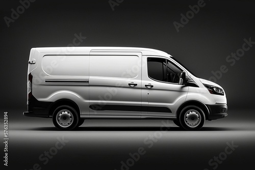 White fleet van with driver inside, plain, slick looking, studio lighting, bright gray background, Ai Generative