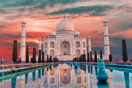 Taj Mahal famous marble mausoleum at sunset, Agra, India photo