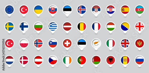 Canvas-taulu Location markers with flags of Europe countries