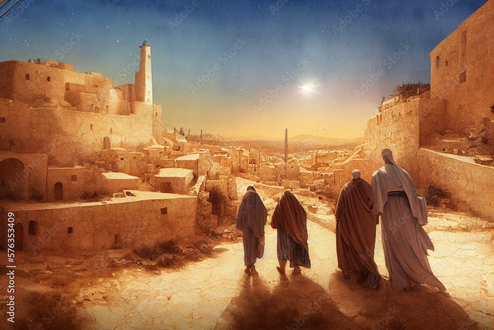 Joseph and Mary journey to Bethlehem. Watercolor painting sketch