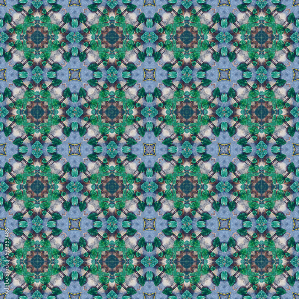 set of green colorful kaleidoscope art tile made from leaf and ivy