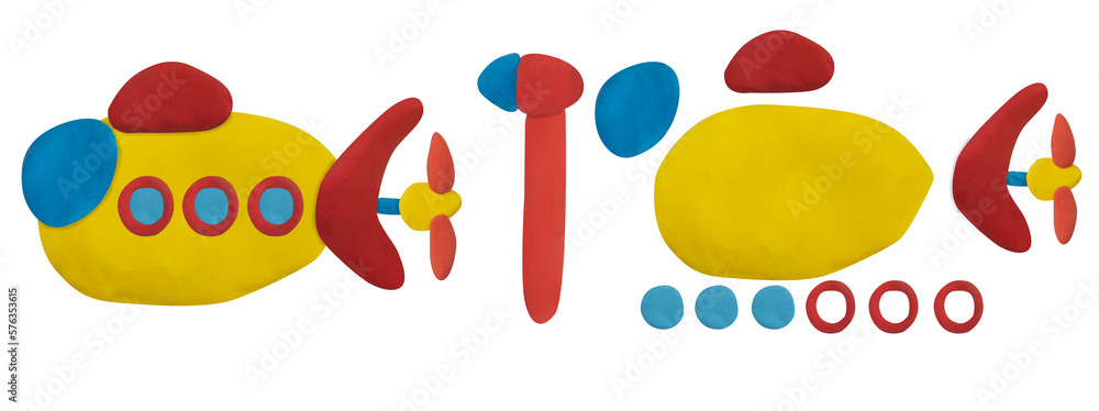 Colorful cartoon submarine and object for graphic design use made from plasticine on white background