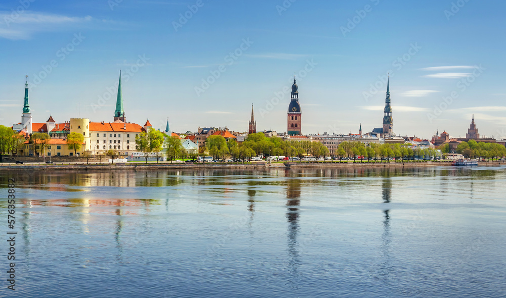 Panoramic view across river of old town in Riga, Latvia