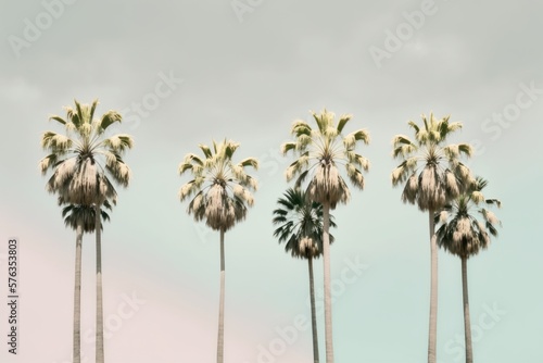 Minimal summer pastel concept, soft colors of tropical background, pastel palm trees and palm leaf. Exotic summer beach concept. Generative AI.