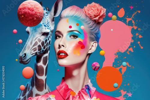 Creative retro but contemporary pop art collage concept of woman portrait in Spring flowers and giraffe animal. Colorful vivid vintage background. Generative AI.